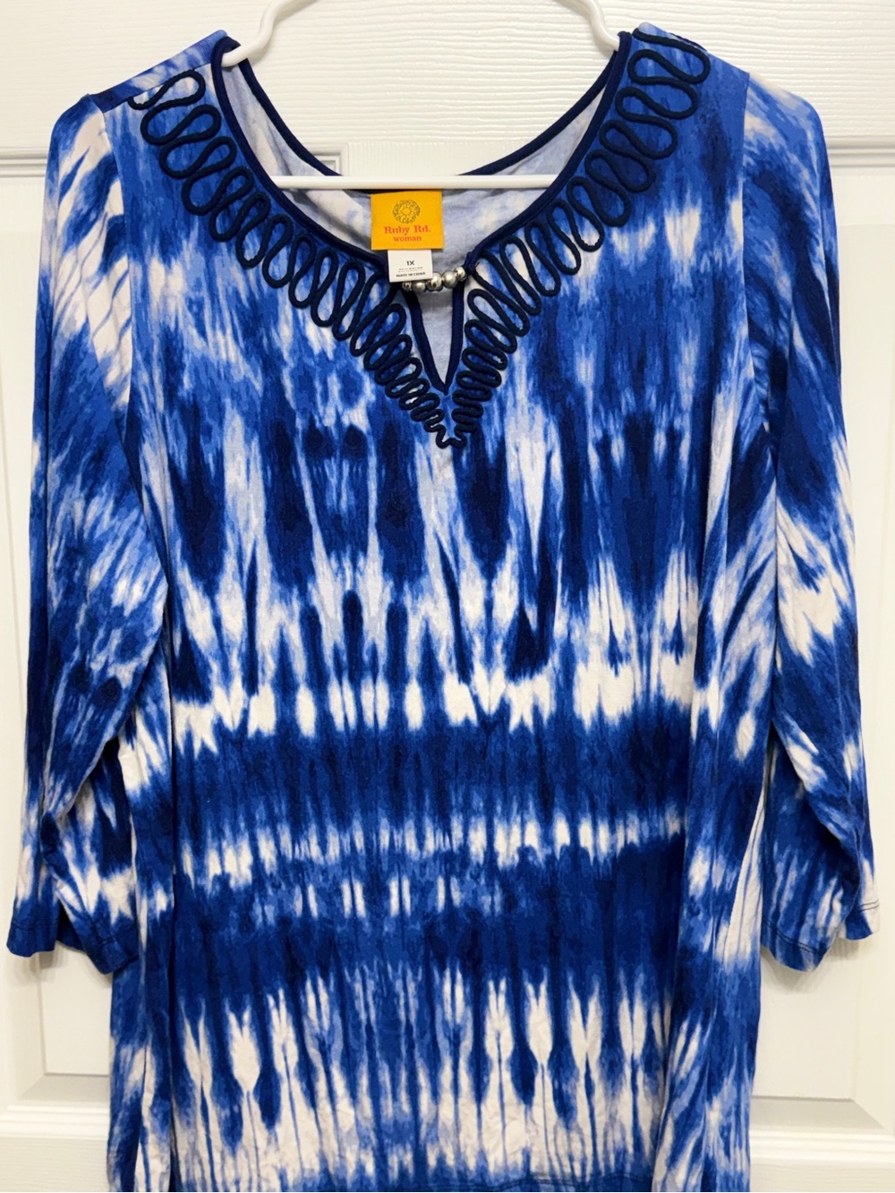 Ruby Rd Woman 1X Blue White Abstract Tunic Top Embroidered Stretch Boho Tie Dye